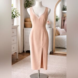 Donna Ricco Nude Satin Trim Midi Dress with Back Bow – Elegant Holiday Look